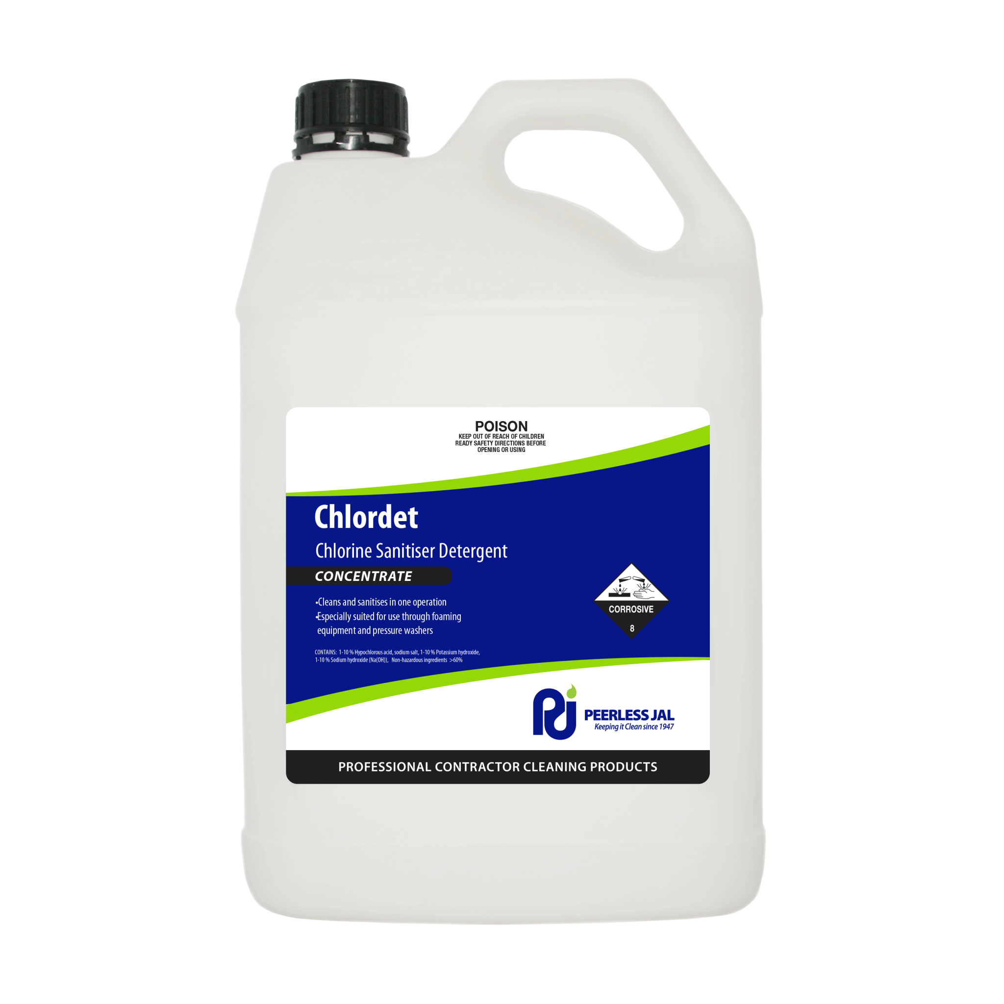 Chlordet Concentrated Chlorine Sanitiser Detergent Peerless JAL
